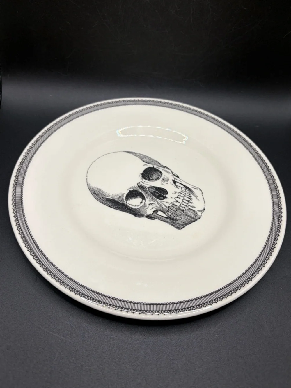 Pair Royal Stafford English Pottery Skull Plates, Skeleton Dishes Goth Tableware